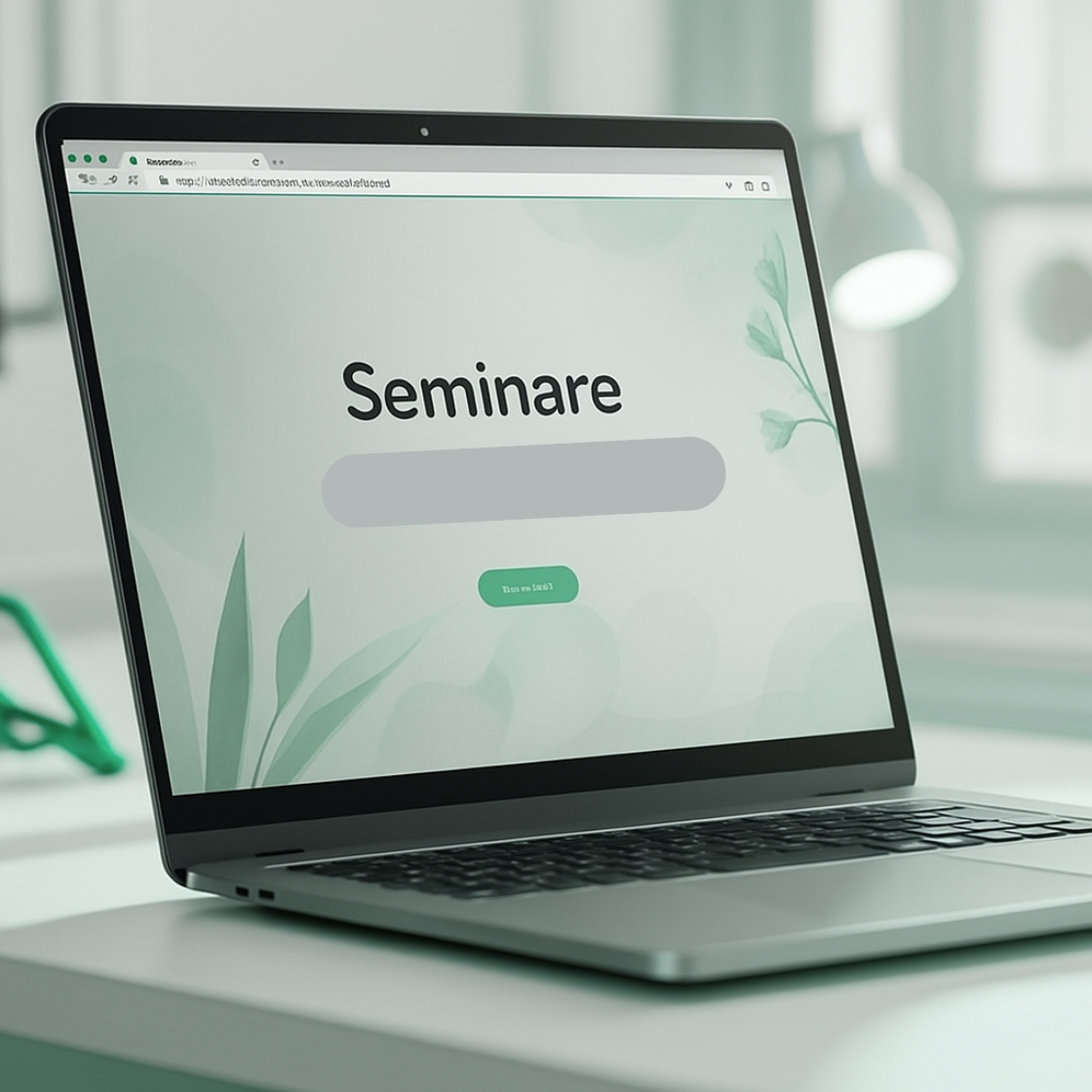 Laptop mit der Aufschrift "Seminare" im geöffneten Browser-Tab.